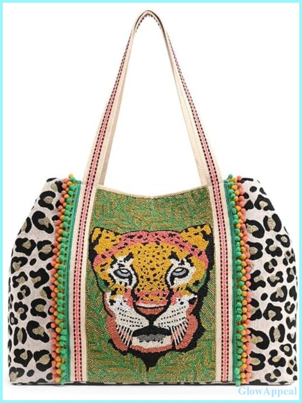 Hand-Beaded Leopard Jacquard Tote Bag for Women with Pompom Embroidered Handle